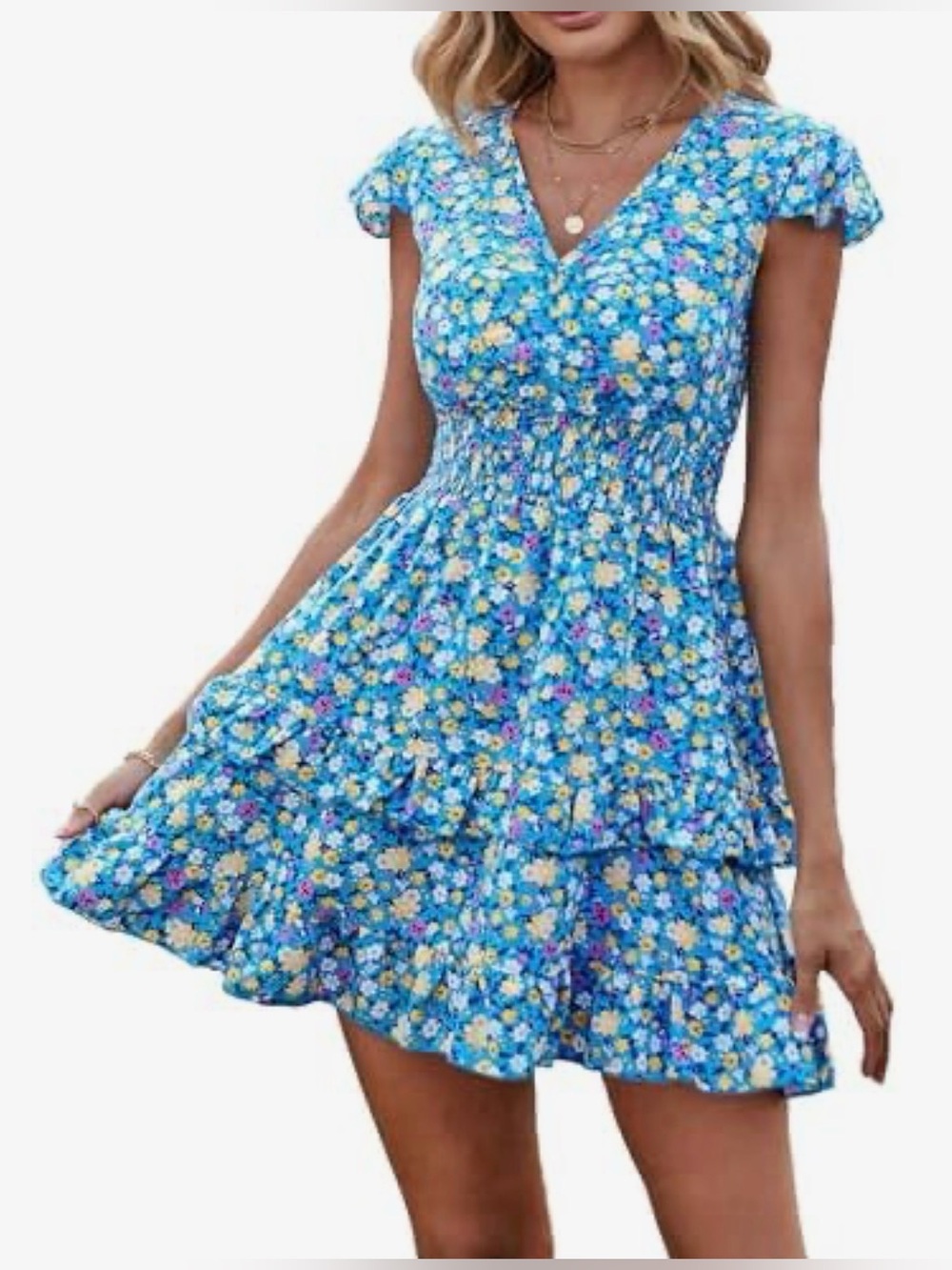PRETTYGARDEN Blue Floral Smocked Waist Ruffle Mini Dress XL